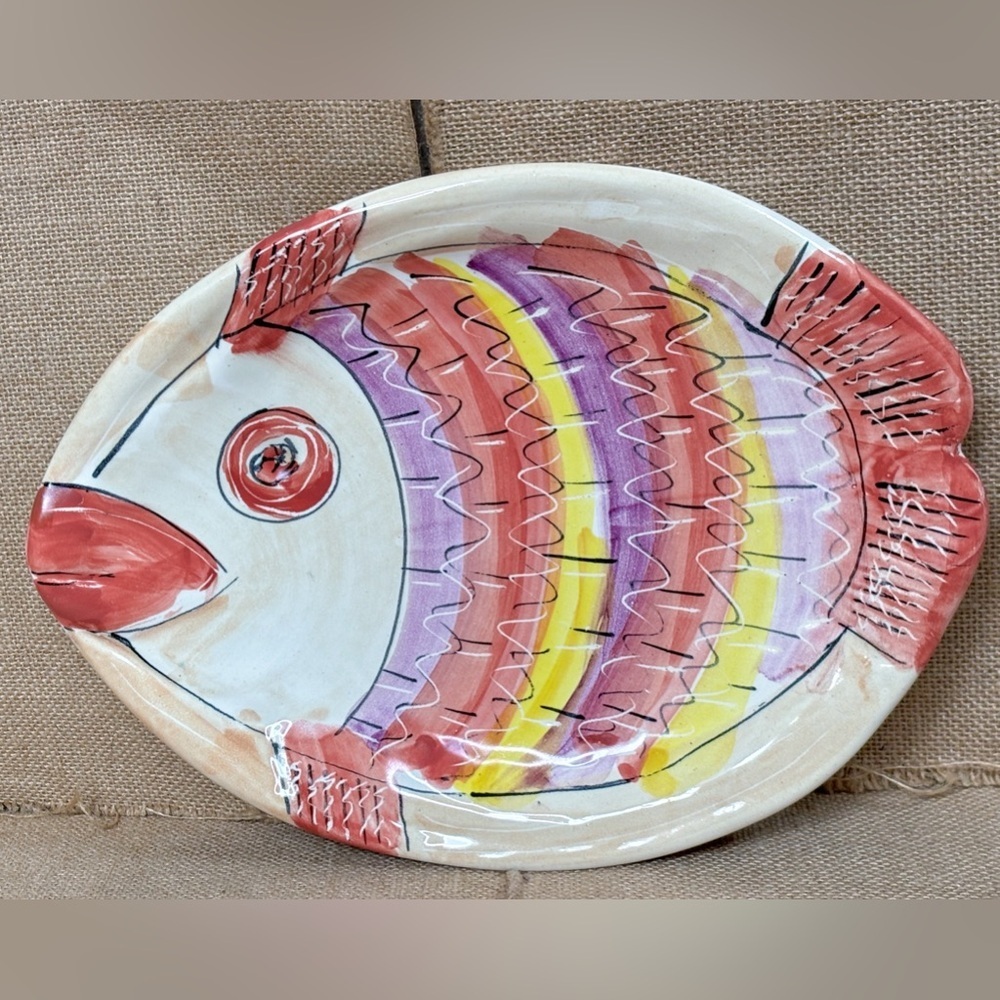 Vintage Charlotte Potok Fish Plate Dish Art Pottery Whimsical Kitsch Nautical